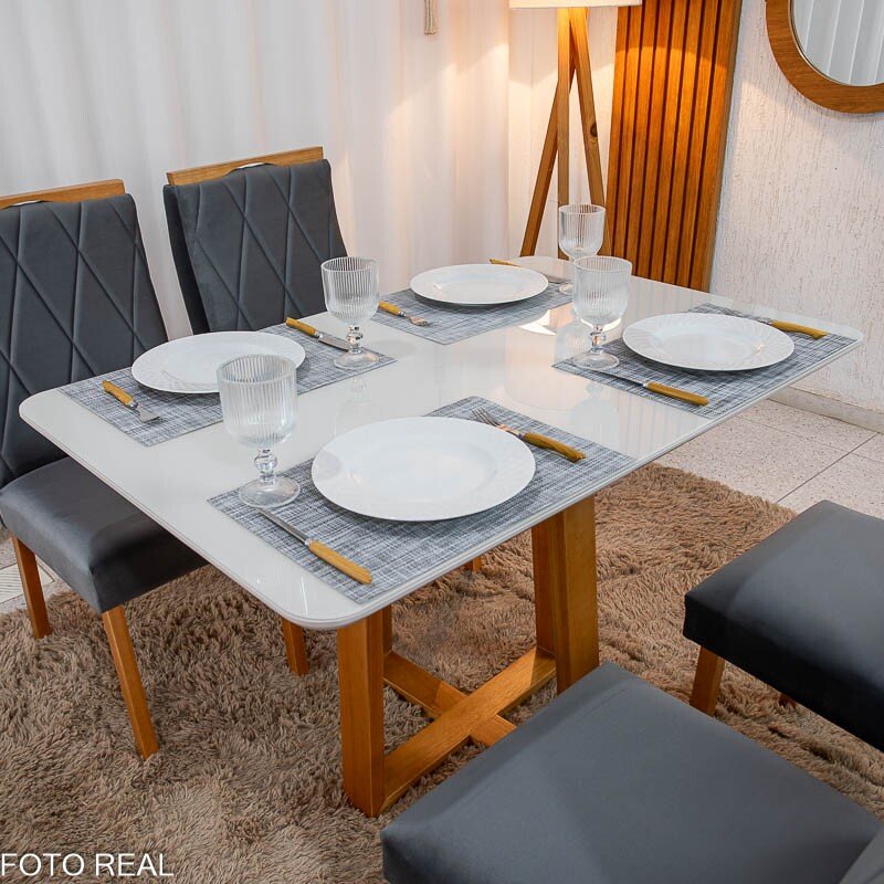 Mesa de Jantar Pedro 120×80 Vidro Off/Base Madeira + 4 Cad. Lisboa Veludo Cinza 507 Madeira Art Assento - Entregue Montada - Imagem 5