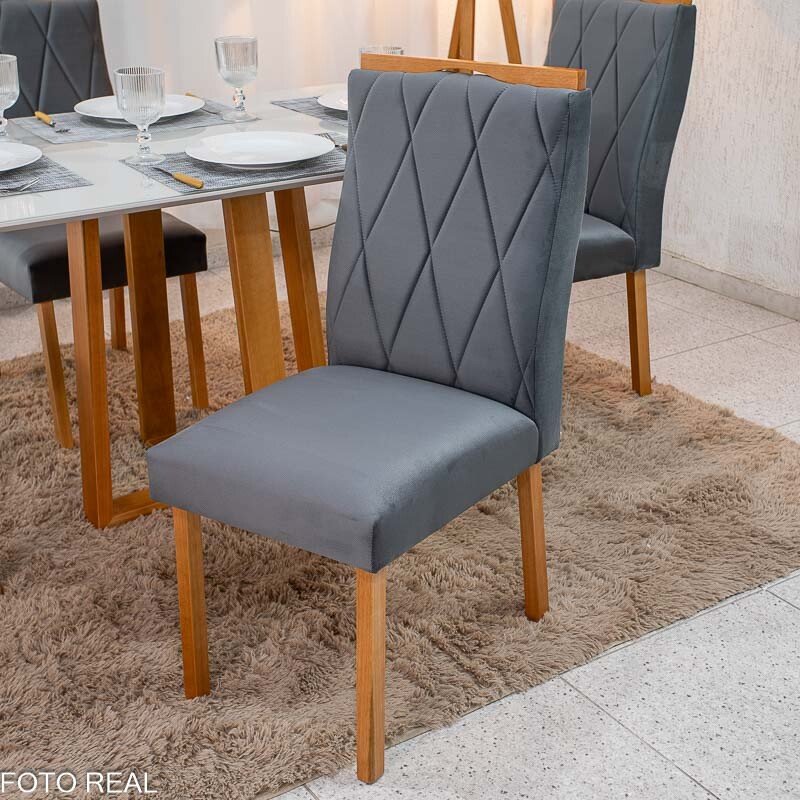 Mesa de Jantar Pedro 120×80 Vidro Off/Base Madeira + 4 Cad. Lisboa Veludo Cinza 507 Madeira Art Assento - Entregue Montada - Imagem 6