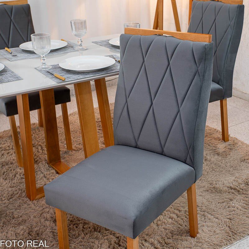 Mesa de Jantar Pedro 120×80 Vidro Off/Base Madeira + 4 Cad. Lisboa Veludo Cinza 507 Madeira Art Assento - Entregue Montada - Imagem 7