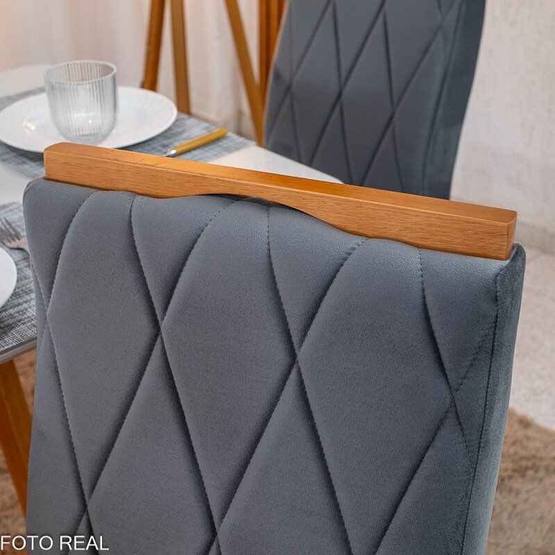 Mesa de Jantar Pedro 120×80 Vidro Off/Base Madeira + 4 Cad. Lisboa Veludo Cinza 507 Madeira Art Assento - Entregue Montada - Imagem 8
