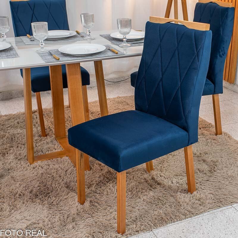 Mesa de Jantar Pedro 120x80 Vidro Off/Base Madeira + 4 Cad. Lisboa Veludo Azul 503 Madeira Art Assento - Entregue Montada - Imagem 6