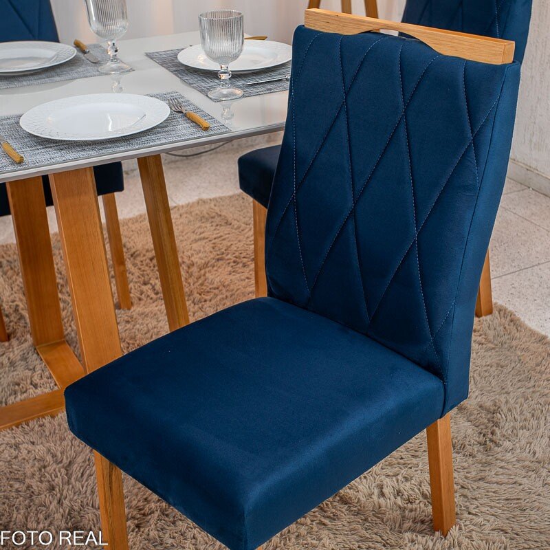 Mesa de Jantar Pedro 120x80 Vidro Off/Base Madeira + 4 Cad. Lisboa Veludo Azul 503 Madeira Art Assento - Entregue Montada - Imagem 7
