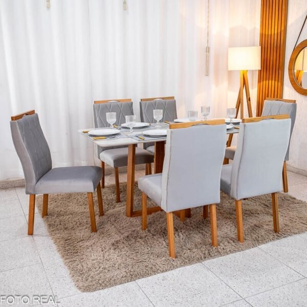 Mesa de Jantar Pedro 160×80 Vidro Off/Base Madeira + 6 Cad. Lisboa Veludo Prata 514 Madeira Art Assento - Entregue Montada