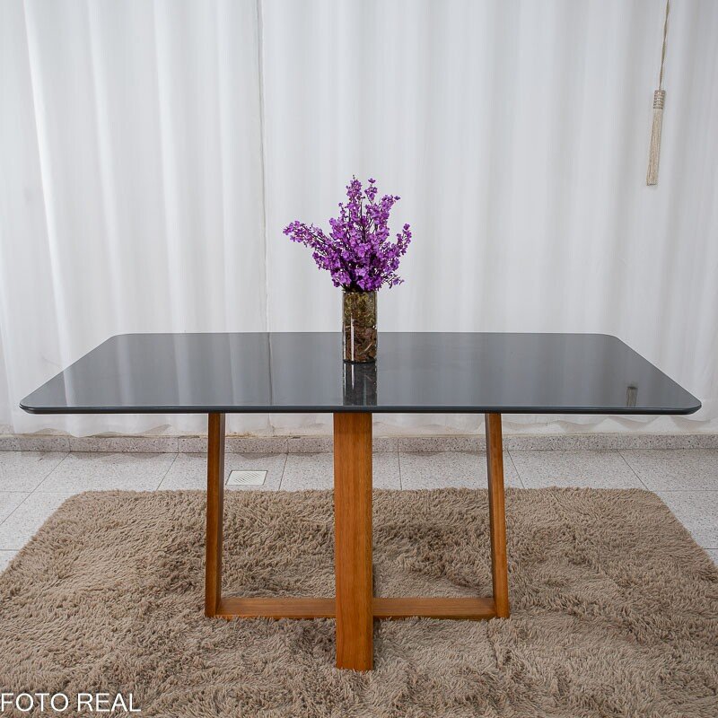 Mesa de Jantar Pedro 160x80 Vidro Grafite/Base Madeira Art Assento - Entregue Montada - Imagem 2