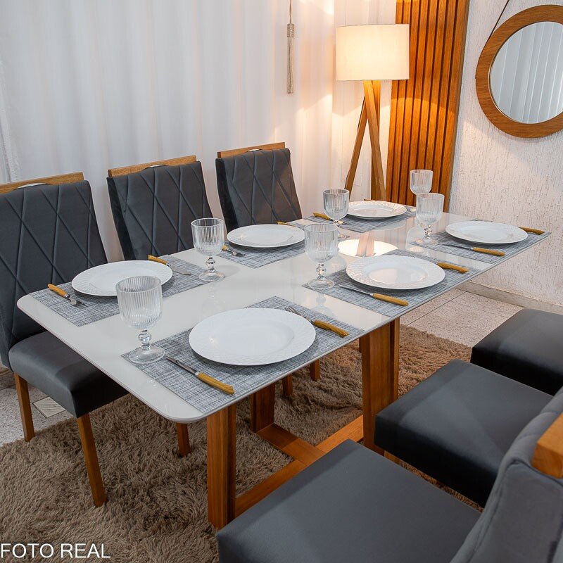 Mesa de Jantar Pedro 160x80 Vidro Off/Base Madeira + 6 Cad. Lisboa Veludo Cinza 507 Madeira Art Assento - Entregue Montada - Imagem 5