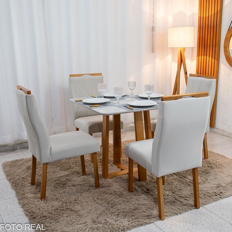 Mesa de Jantar Pedro 90x90 Vidro Off/Base Madeira + 4 Cad. Lisboa Veludo Bege 512 Madeira Art Assento - Entregue Montada - Imagem 3