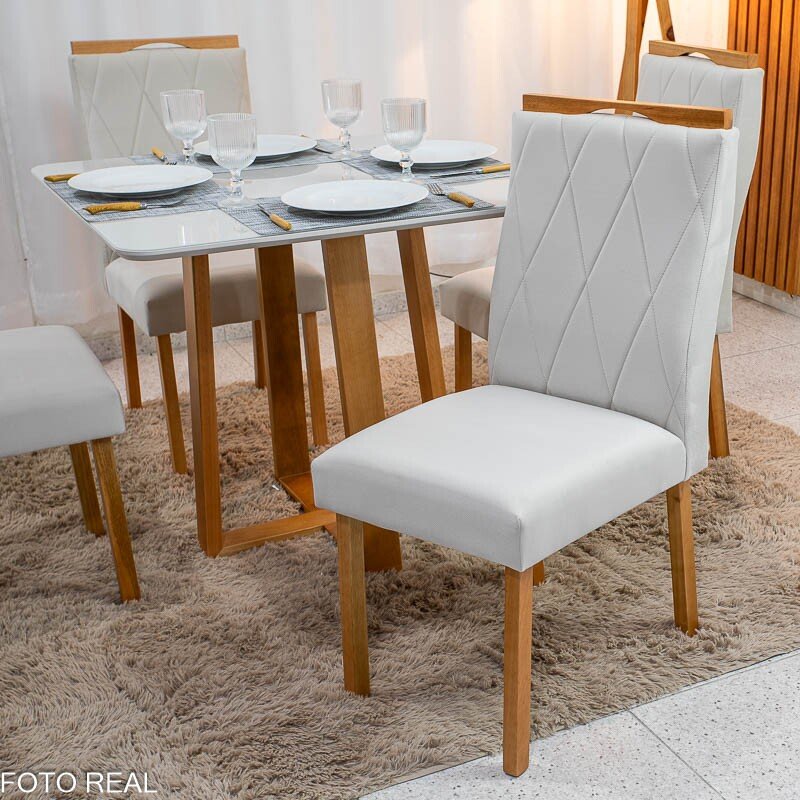 Mesa de Jantar Pedro 90x90 Vidro Off/Base Madeira + 4 Cad. Lisboa Veludo Bege 512 Madeira Art Assento - Entregue Montada - Imagem 4