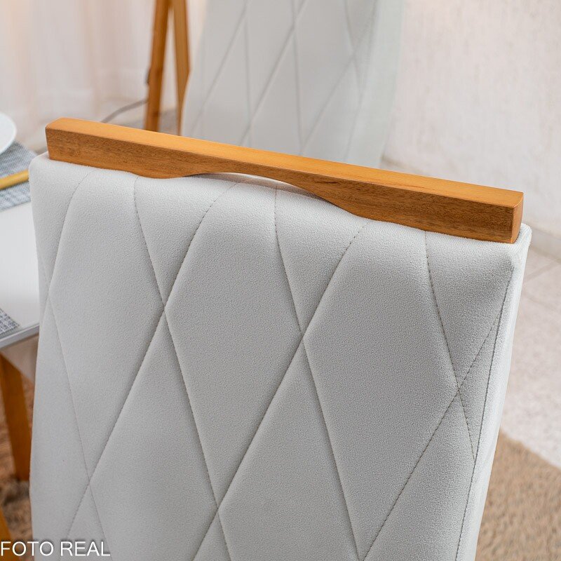 Mesa de Jantar Pedro 90x90 Vidro Off/Base Madeira + 4 Cad. Lisboa Veludo Bege 512 Madeira Art Assento - Entregue Montada - Imagem 6