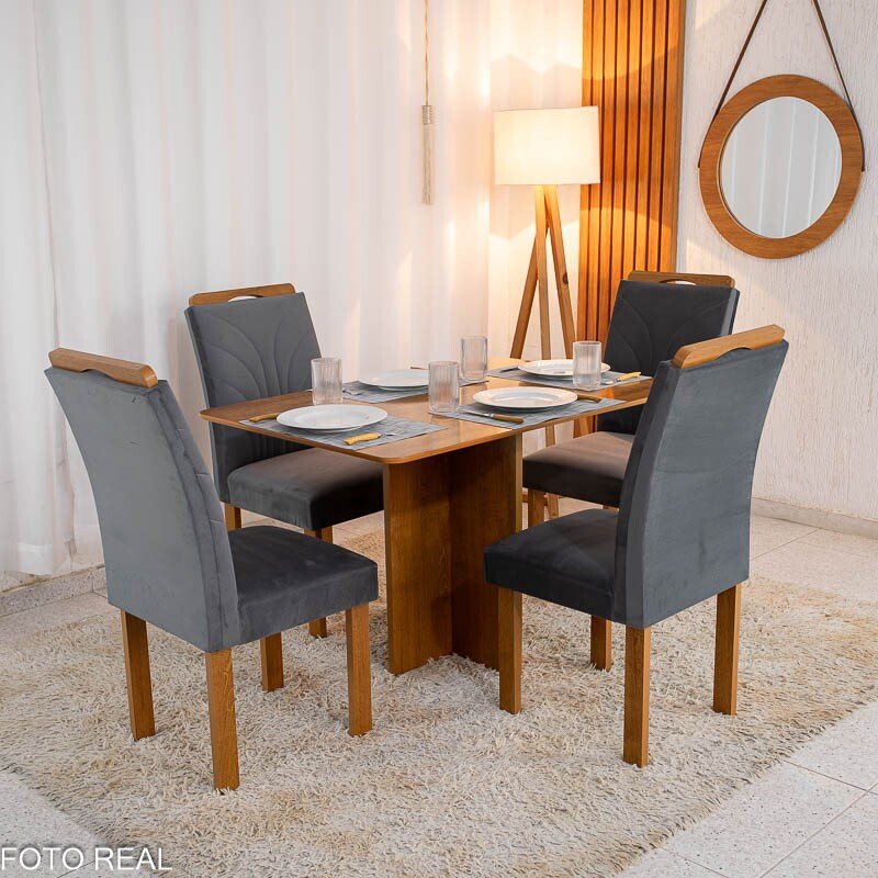 Mesa de Jantar Salina Tampo Londres Cinamomo 120x80 4 Cadeiras Parati Veludo Cinza 171 - Cel Móveis
