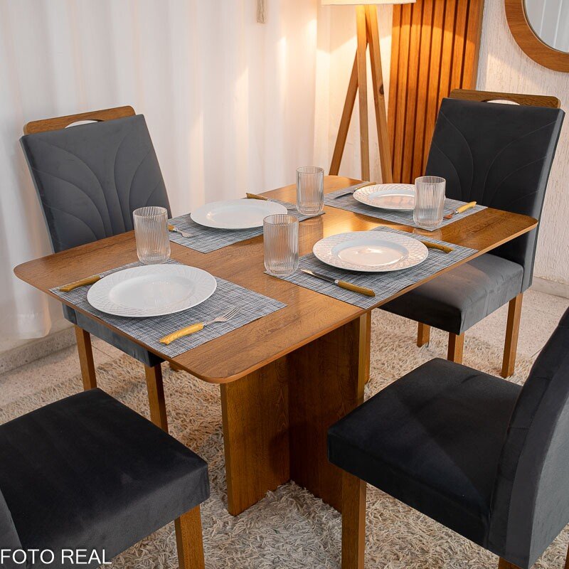 Mesa de Jantar Salina Tampo Londres Cinamomo 120x80 4 Cadeiras Parati Veludo Cinza 171 - Cel Móveis - Imagem 3