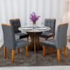 Mesa de Jantar Siena Redonda 100cm Vidro Off/Base Cinamomo + 4 Cad. Londres Veludo Chumbo Madeira Minas Plac - Entregue Montad