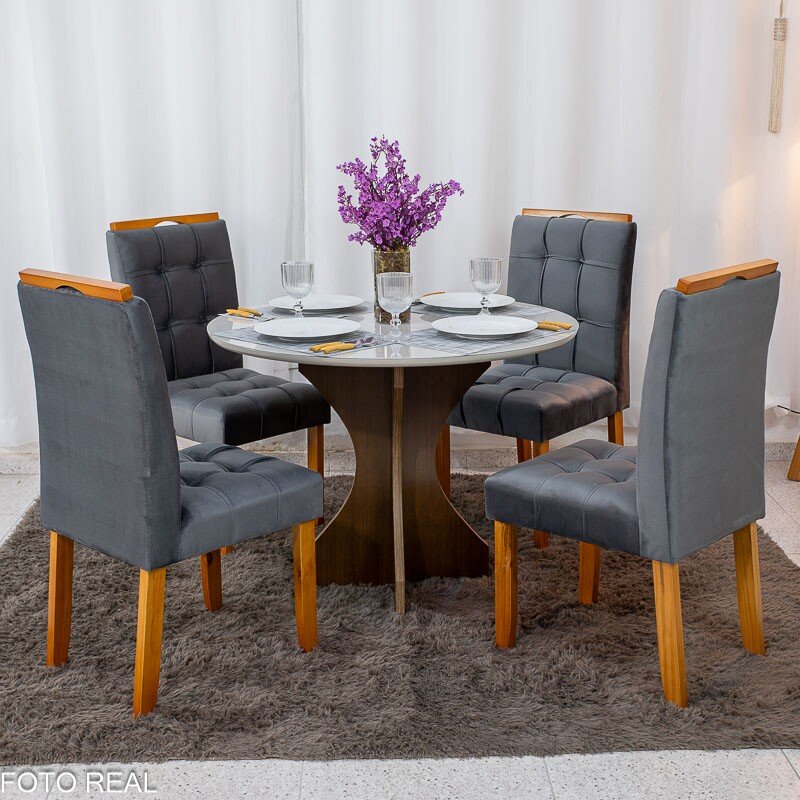 Mesa de Jantar Siena Redonda 100cm Vidro Off/Base Cinamomo + 4 Cad. Londres Veludo Chumbo Madeira Minas Plac - Entregue Montad