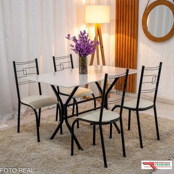 Mesa Paraty Base Cabo Frio Preto Tampo Pedra Off 120x75 4 Cadeiras Paraty Assento Creme - Teixeira