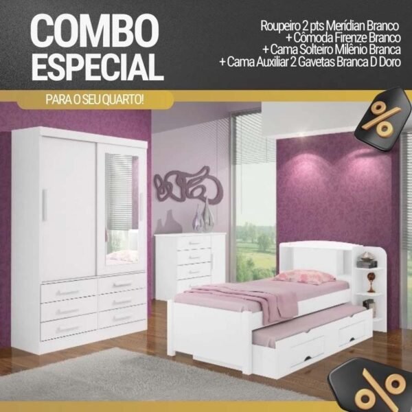 Roupeiro Merídian Branco 2 Portas + Cômoda Firenze Branco + Cama Solteiro Milênio Branca + Cama Auxiliar 2 Gavetas Branca - D Doro