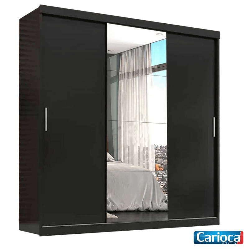 Guarda-Roupa Casal Veneza Preto 3 Portas C/ 1 Espelho Larg. 1.88m - Carioca
