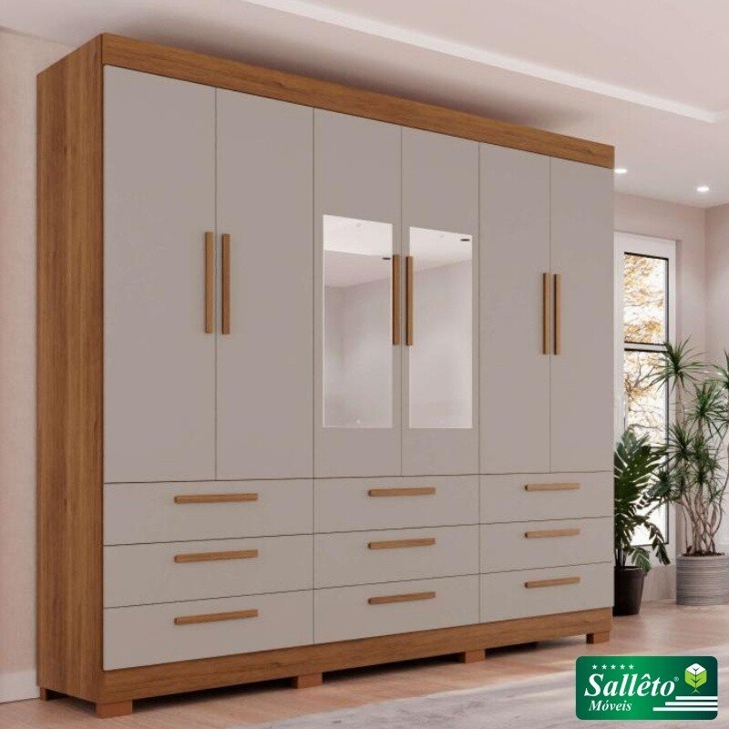 Roupeiro Dinamarca Cinamomo/Off C/Espelho 6 Portas 9 Gavetas C/pés Larg. 1.84m - Sallêto