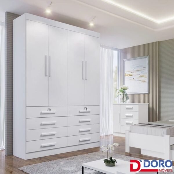 Roupeiro Solteiro Mônaco Branco 4 Portas 8 Gavetas Larg. 1.60m - D Doro
