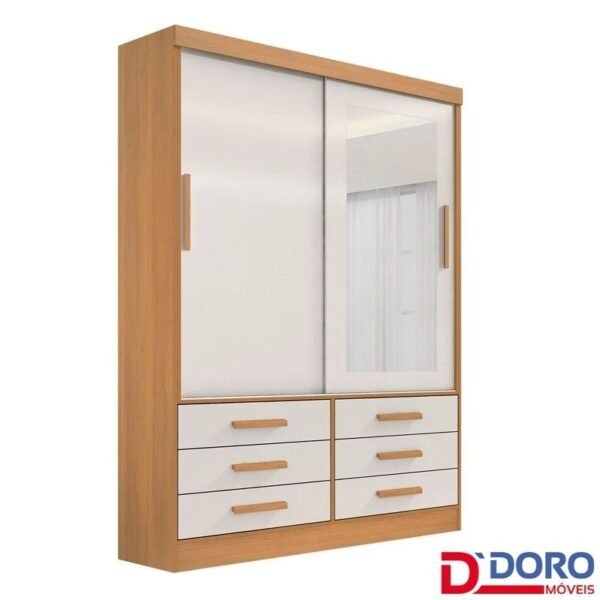 Roupeiro Solteiro Merídian Cinamomo/Off 2 portas c/ 1 Espelho 6 Gavetas Larg. 1.35m - D Doro