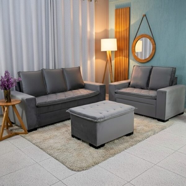 Sofá 3 e 2 lugares França com Puff Veludo Cinza A15