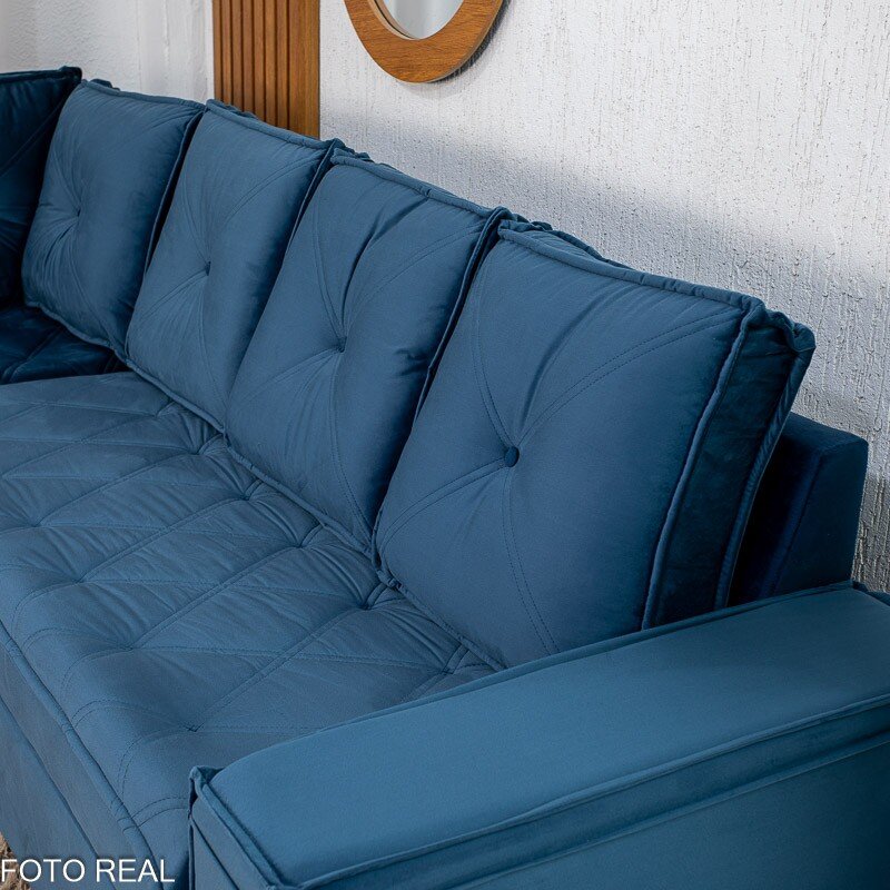 Sofá Canto 5 lugares com Puff Alemanha Veludo Azul A16 - Imagem 7