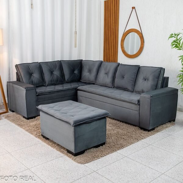 Sofá Canto 5 lugares com Puff Alemanha Veludo Grafite A15