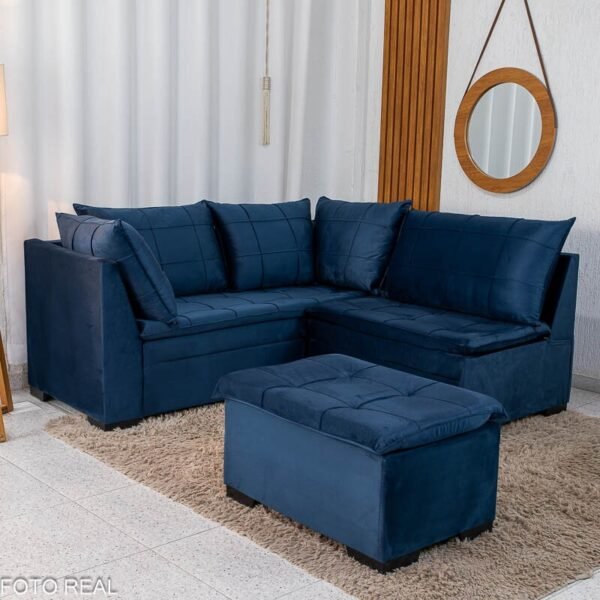 Sofá Canto 5 lugares com Puff Viena Veludo Azul A16