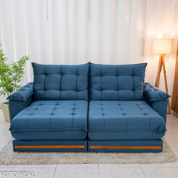 Sofá Retrátil Reclinável Barcelona 2.30m Veludo Azul 325 - D33 e Molas Ensacadas