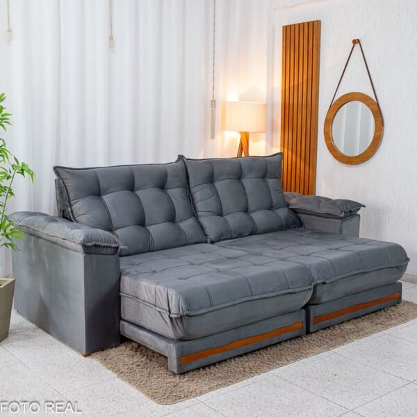 Sofá Retrátil Reclinável Barcelona 2.50m Veludo Chumbo 330 - D33 e Molas Ensacadas