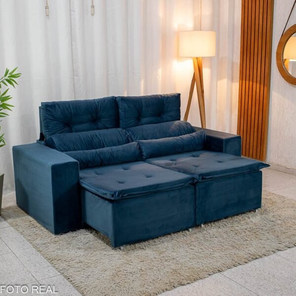 Sofá Retrátil Reclinável Bia 1.95m Veludo Azul - D28