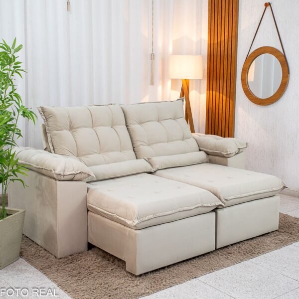 Sofá Retrátil Reclinável Emanuelly 2.00m Veludo Bege 01 - D28 Soft