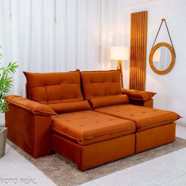 Sofá Retrátil Reclinável Emanuelly 2.30m Veludo Terracota 24 - D28 Soft