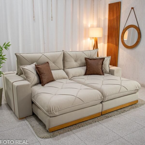 Sofá Retrátil Reclinável Gran Bello 2.30m Veludo Bege Claro - Molas Ensacadas Pocket