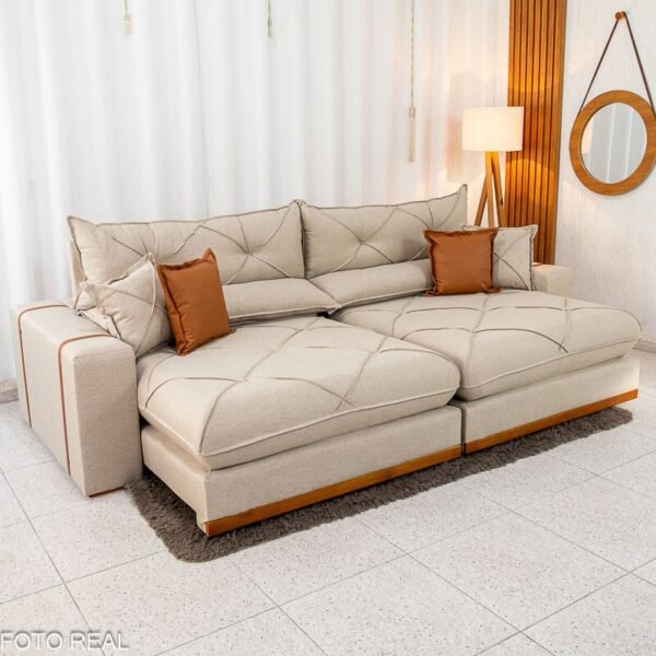 Sofá Retrátil Reclinável Gran Bello 2.90m Linho Bege - Molas Ensacadas
