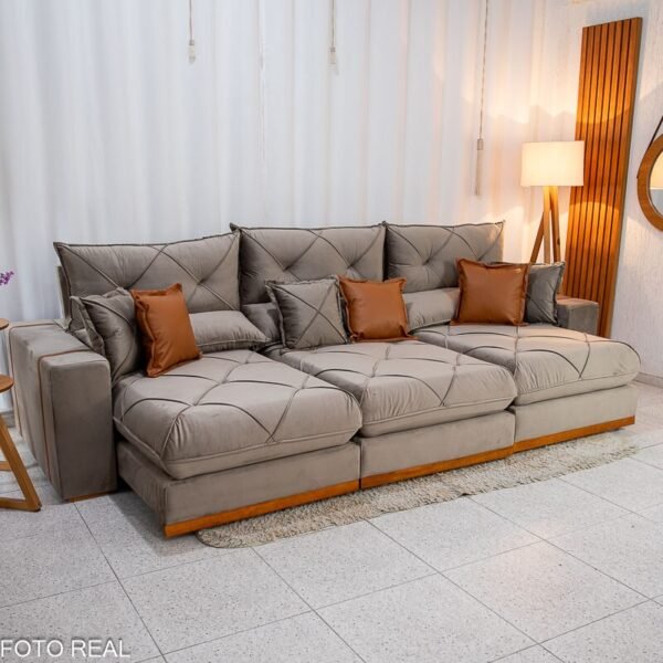 Sofá Retrátil Reclinável Gran Bello 3.20m Veludo Capuccino - Molas Ensacadas