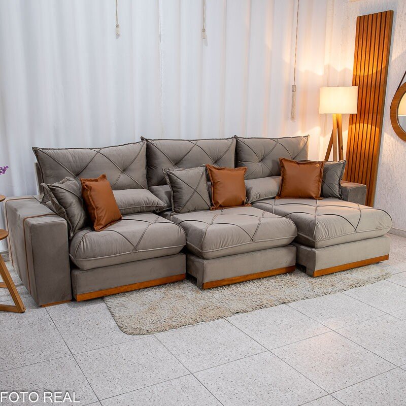 Sofá Retrátil Reclinável Gran Bello 3.20m Veludo Capuccino - Molas Ensacadas - Imagem 2