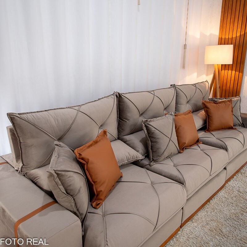 Sofá Retrátil Reclinável Gran Bello 3.20m Veludo Capuccino - Molas Ensacadas - Imagem 7