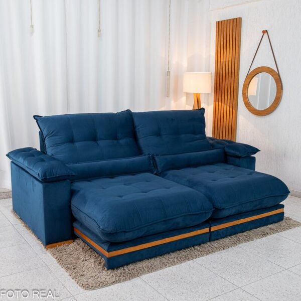 Sofá Retrátil Reclinável Ibis 2.30m Veludo Azul 800 - D33 e Molas Ensacadas