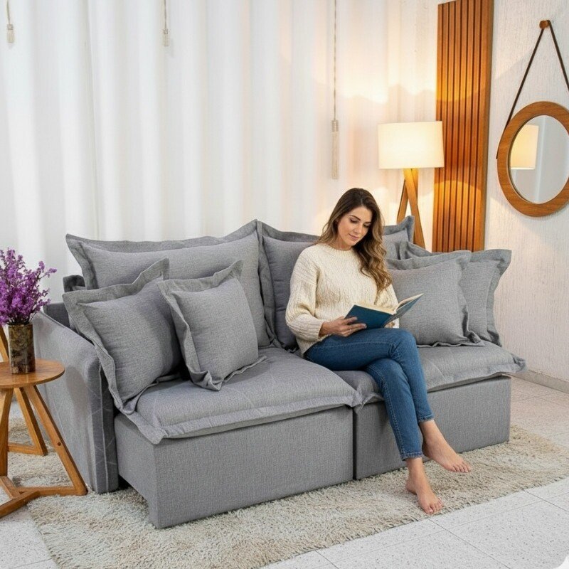 Sofá Retrátil Reclinável Lima 2.00m Linho Cinza A59 - Sem Caixa