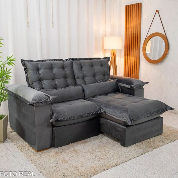 Sofá Retrátil Reclinável Maldivas 2.10m Veludo Grafite A15 - D28 Pró Aditivada