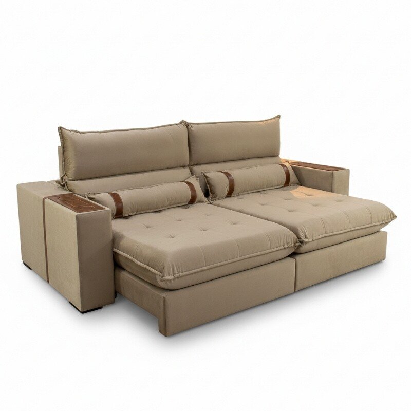 Sofá Retrátil Reclinável Ravello 2.50m Veludo Bege 3040/04 - Espuma D33