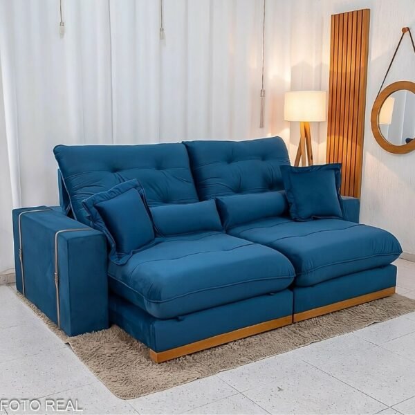 Sofá Retrátil Reclinável Toronto 2.50m Veludo Azul 4061 - D33 e Molas Ensacadas