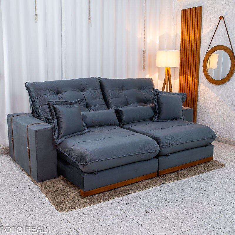 Sofá Retrátil Reclinável Toronto 2.50m Veludo Chumbo 4053 - D33 e Molas Ensacadas