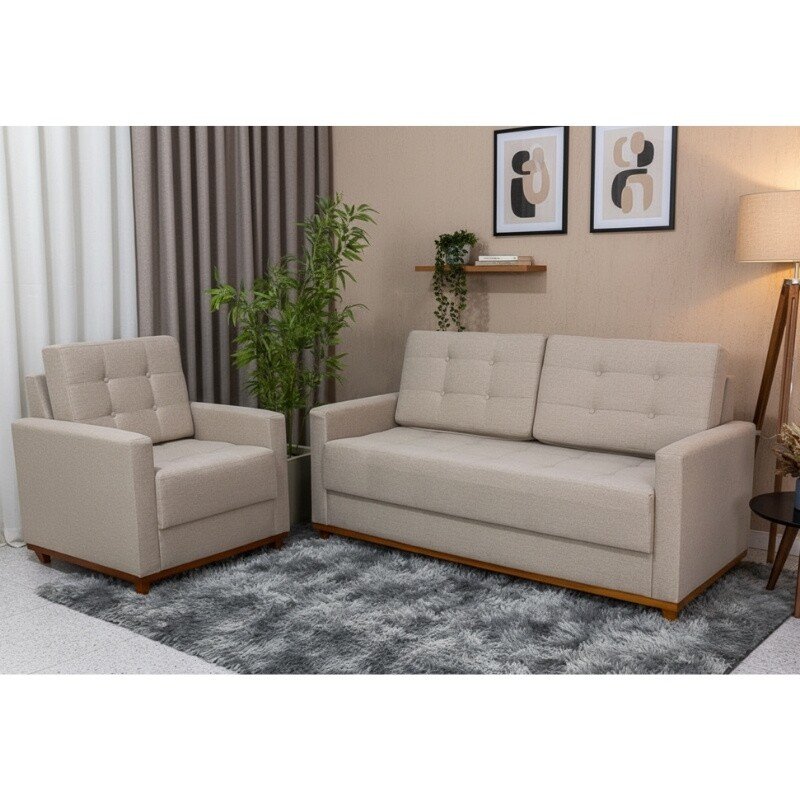 Sofá Áustria 3 Lugares + Poltrona Áustria Linho Bege A57