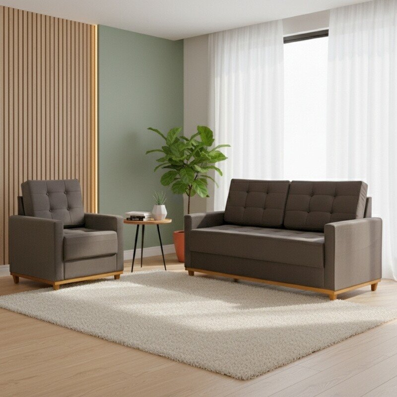 Sofá Áustria 3 Lugares + Poltrona Áustria Veludo Marrom A17