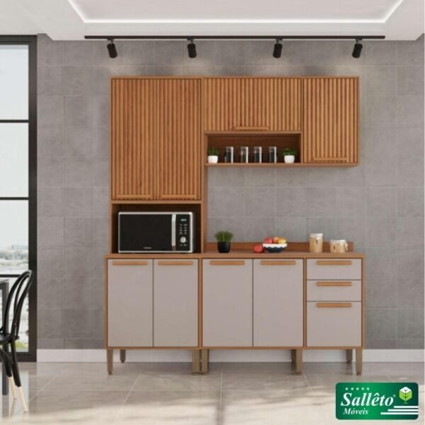 Torre Quente Flórida + Balcão Flórida 1.20m + Armário Aéreo Florida Ripado 1.20m Cinamomo/Off - Sallêto