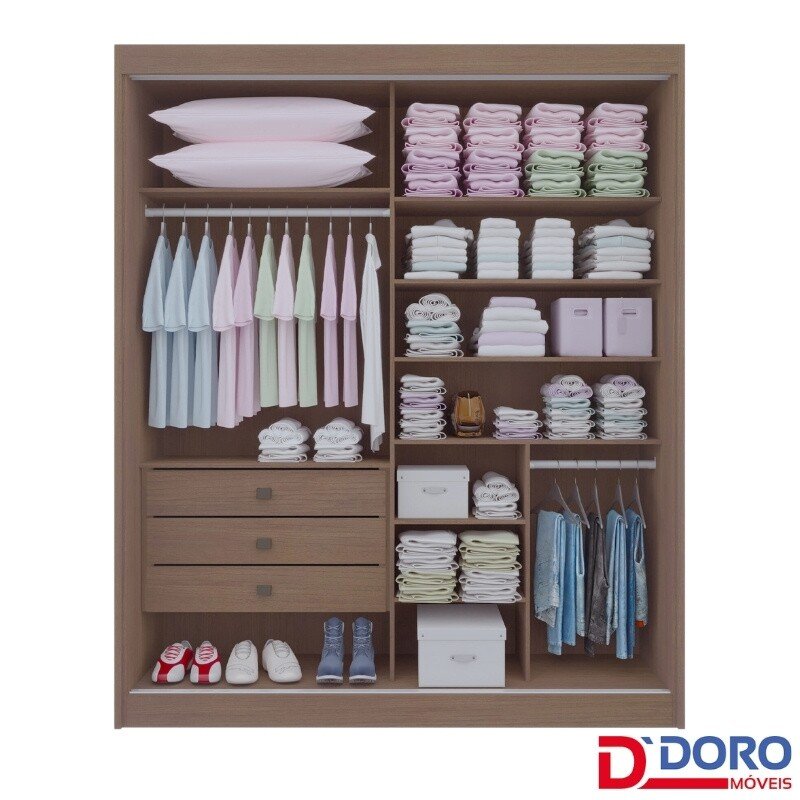 Roupeiro Atenas Castanho/Linho 2 Portas C/ 1 Espelho 3 Gavetas Portas Flex 100% MDF Larg. 1.85m - D Doro - Imagem 3