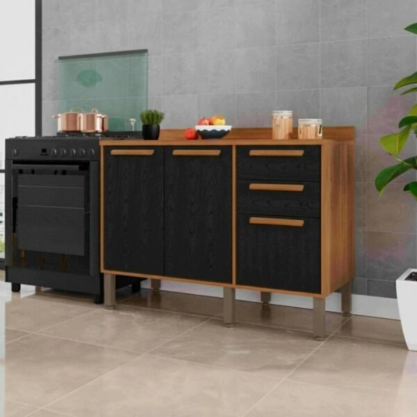 Balcão Flórida Larg. 1.20m Cinamomo/Preto 3 Portas 2 Gavetas - Sallêto