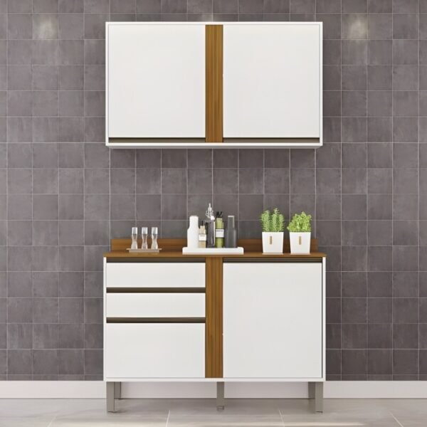 Balcão Pérola Branco/Cinamomo 2 Portas e 2 Gavetas Larg 1.20m + Aéreo Pérola 2 Portas Branco/Cinamomo Larg. 1.20m - Sallêto