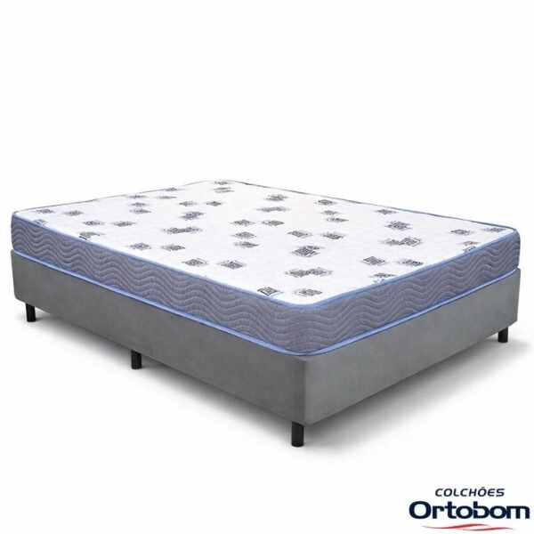 Box Casal Sued Cinza Ortobel + Colchão Casal Light 100% Espuma D33 Selado 138x188x54 - Ortobom | Suporta até 260kg