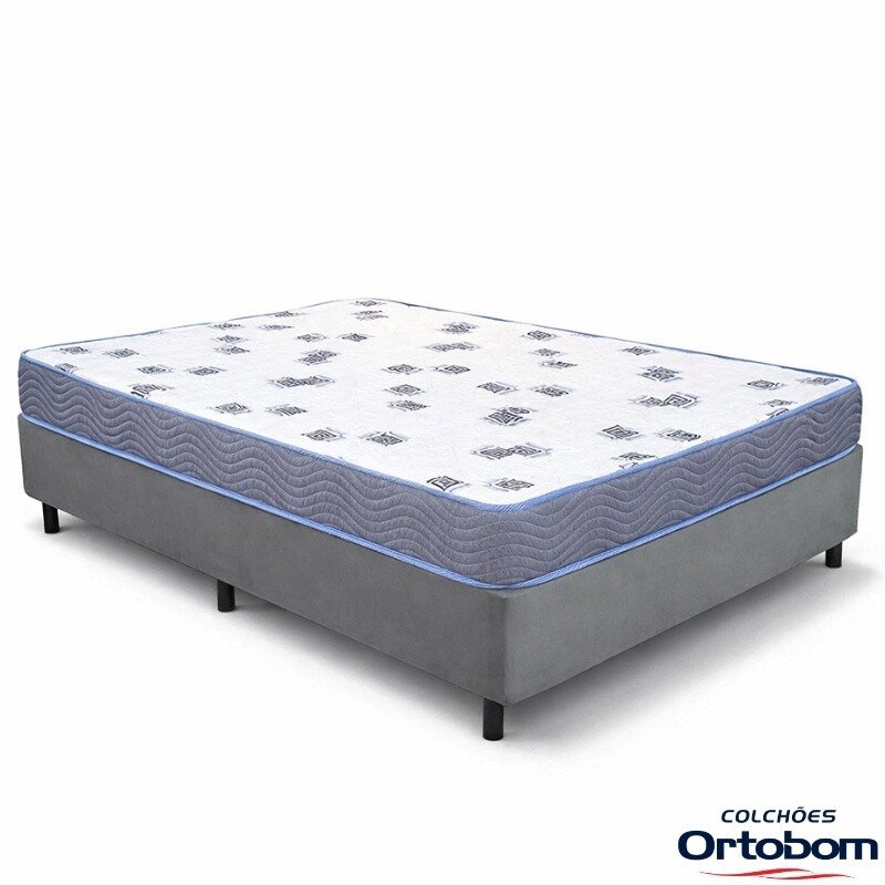 Box Casal Sued Cinza Ortobel + Colchão Casal Light 100% Espuma D33 Selado 138x188x54 - Ortobom | Suporta até 260kg